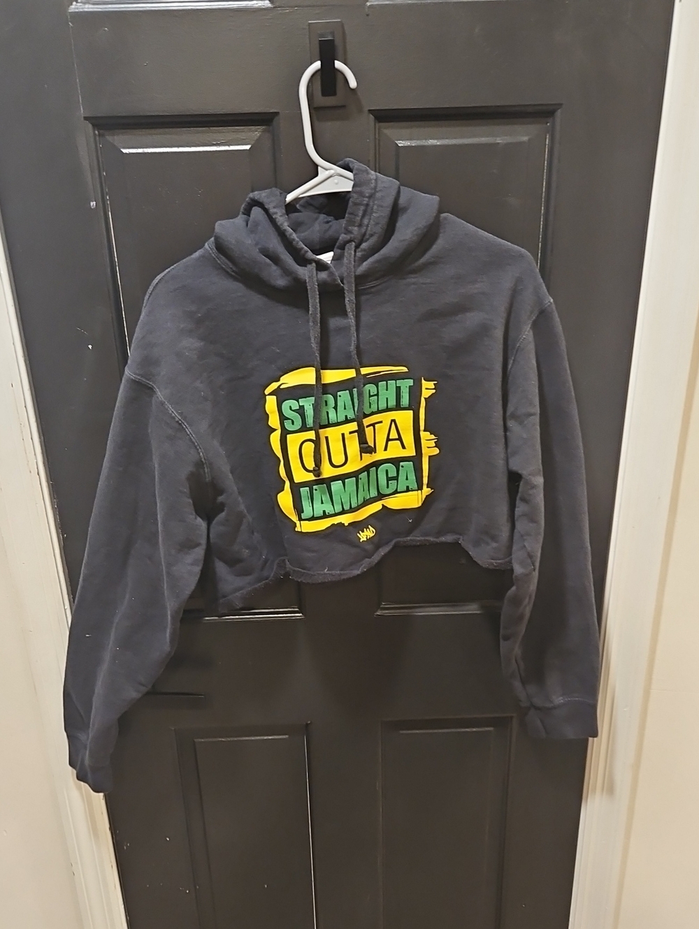 Womens Black Cropped Hoodie with Yellow & Green 'Straight Outta Jamaica' Graphic